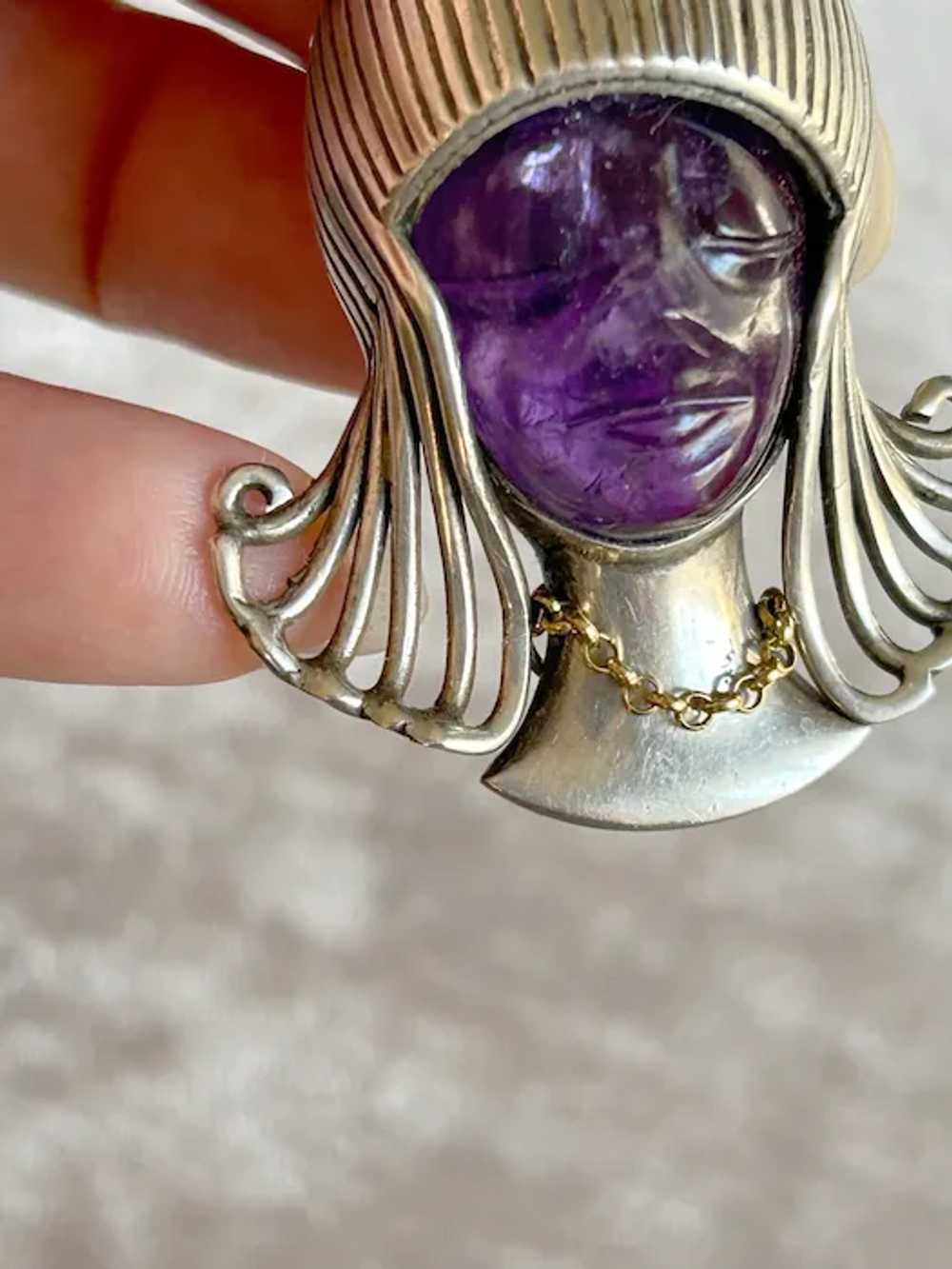 Large Rare Vintage Sterling Carved Amethyst Lady … - image 6