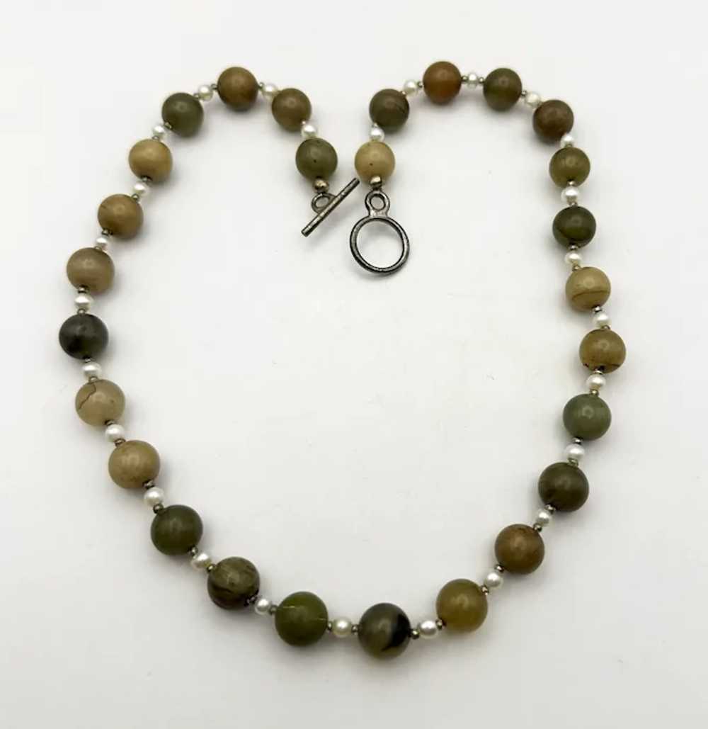 Polished Brown and Green Stone Beaded Necklace wi… - image 11