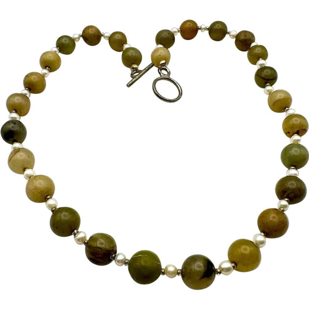 Polished Brown and Green Stone Beaded Necklace wi… - image 1