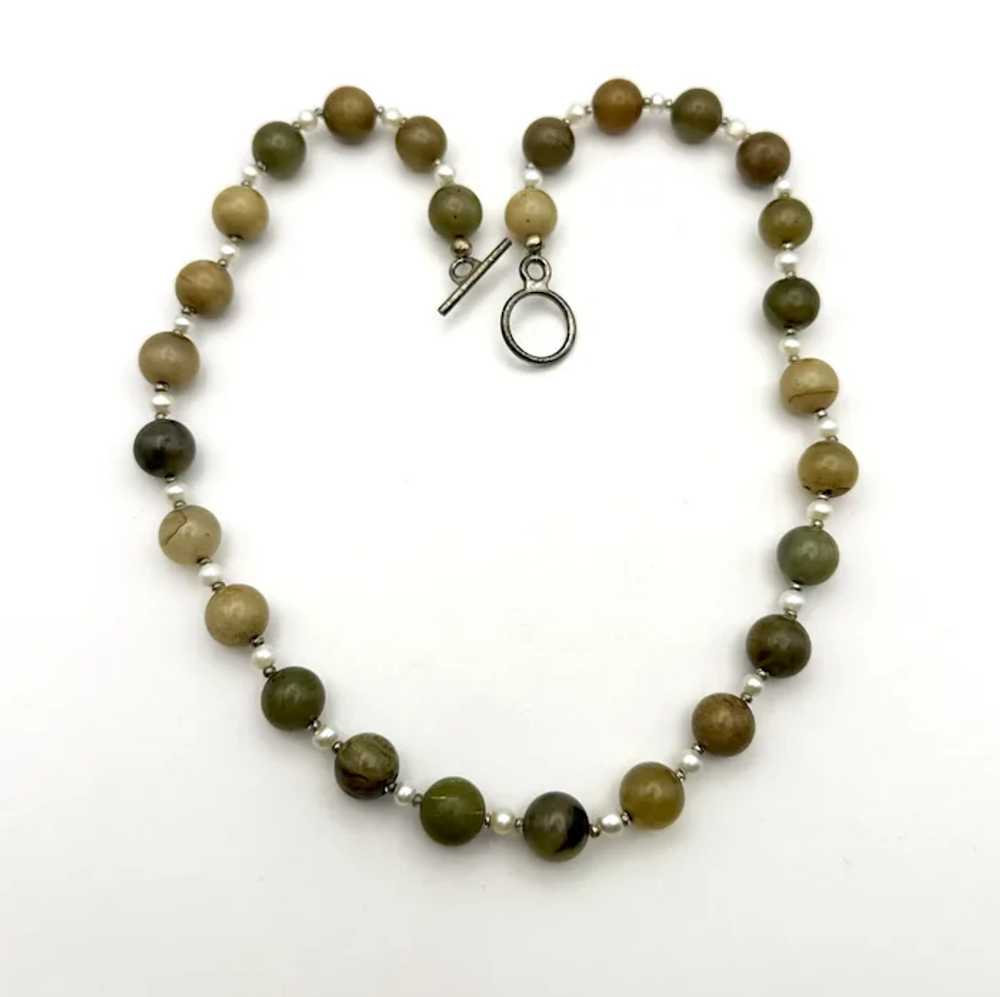 Polished Brown and Green Stone Beaded Necklace wi… - image 2