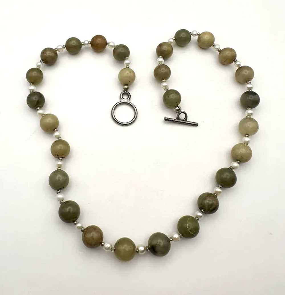 Polished Brown and Green Stone Beaded Necklace wi… - image 3