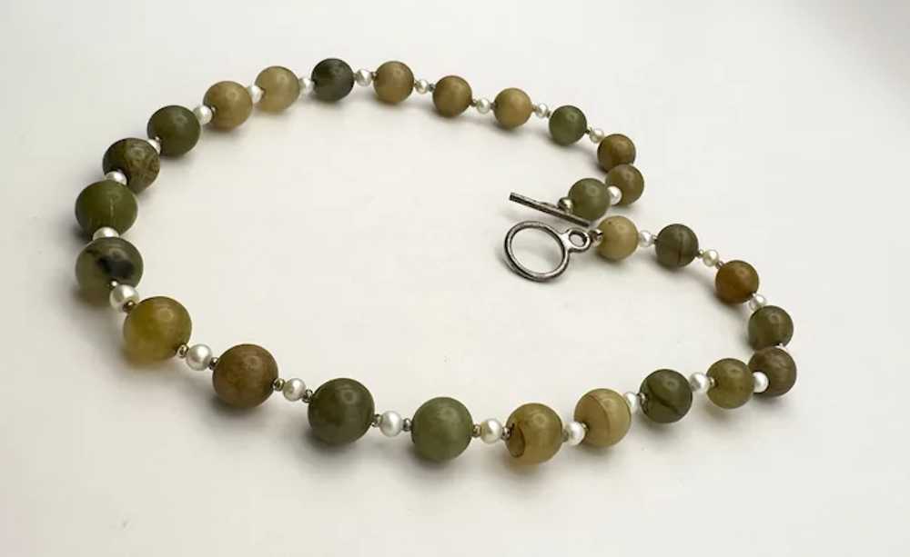 Polished Brown and Green Stone Beaded Necklace wi… - image 6