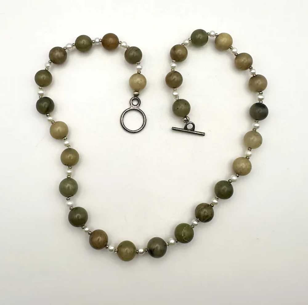 Polished Brown and Green Stone Beaded Necklace wi… - image 7