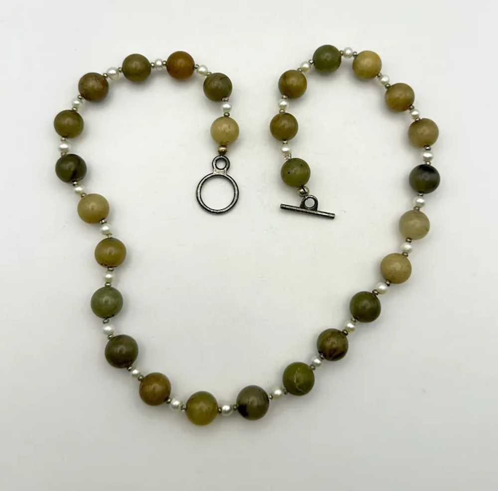 Polished Brown and Green Stone Beaded Necklace wi… - image 9