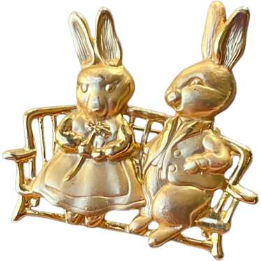 Vintage Gold-Tone Bunny Couple Brooch Pin - image 1