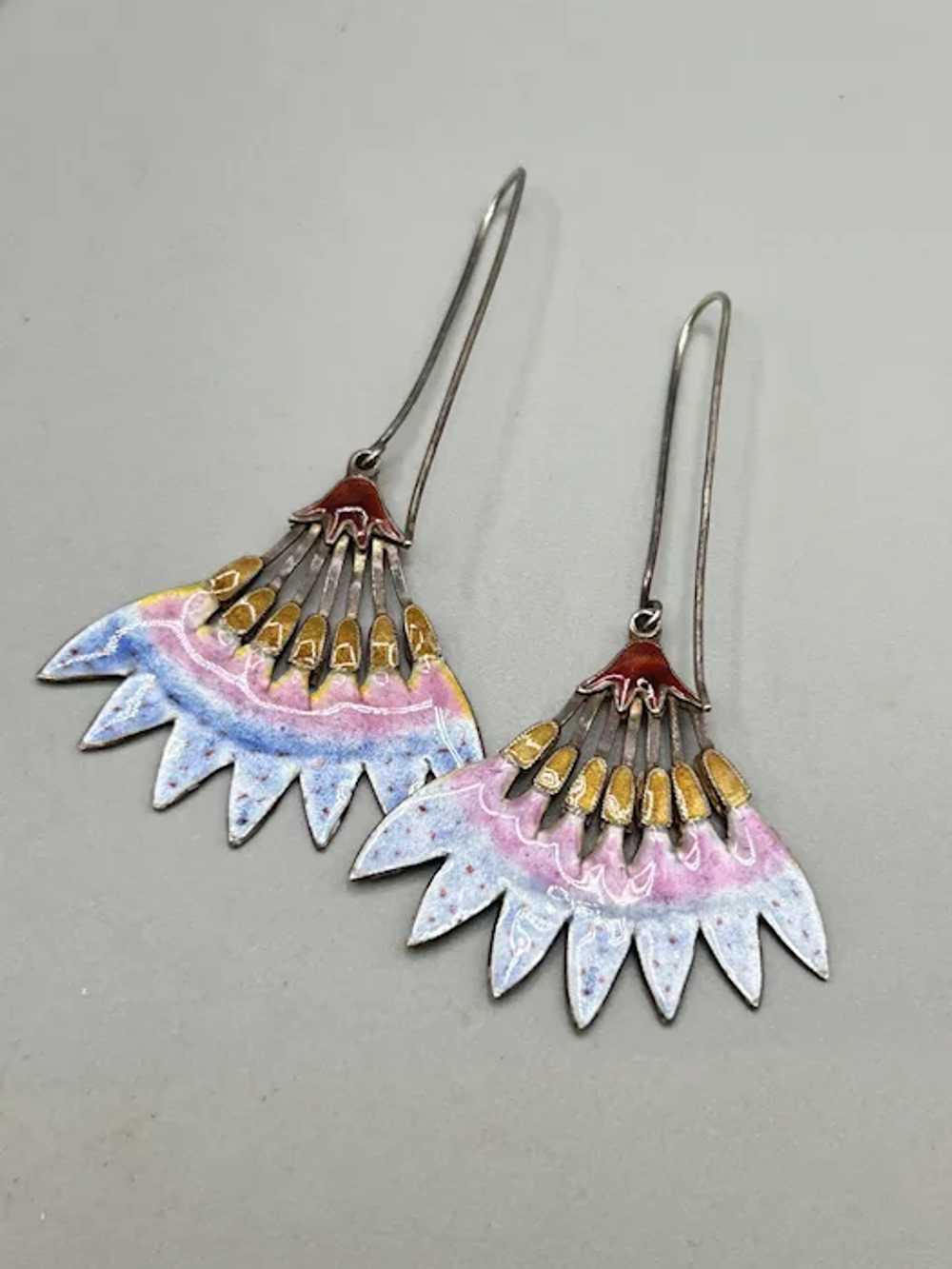 Vintage Early Enamel Egyptian Lotus Flower Earrin… - image 7