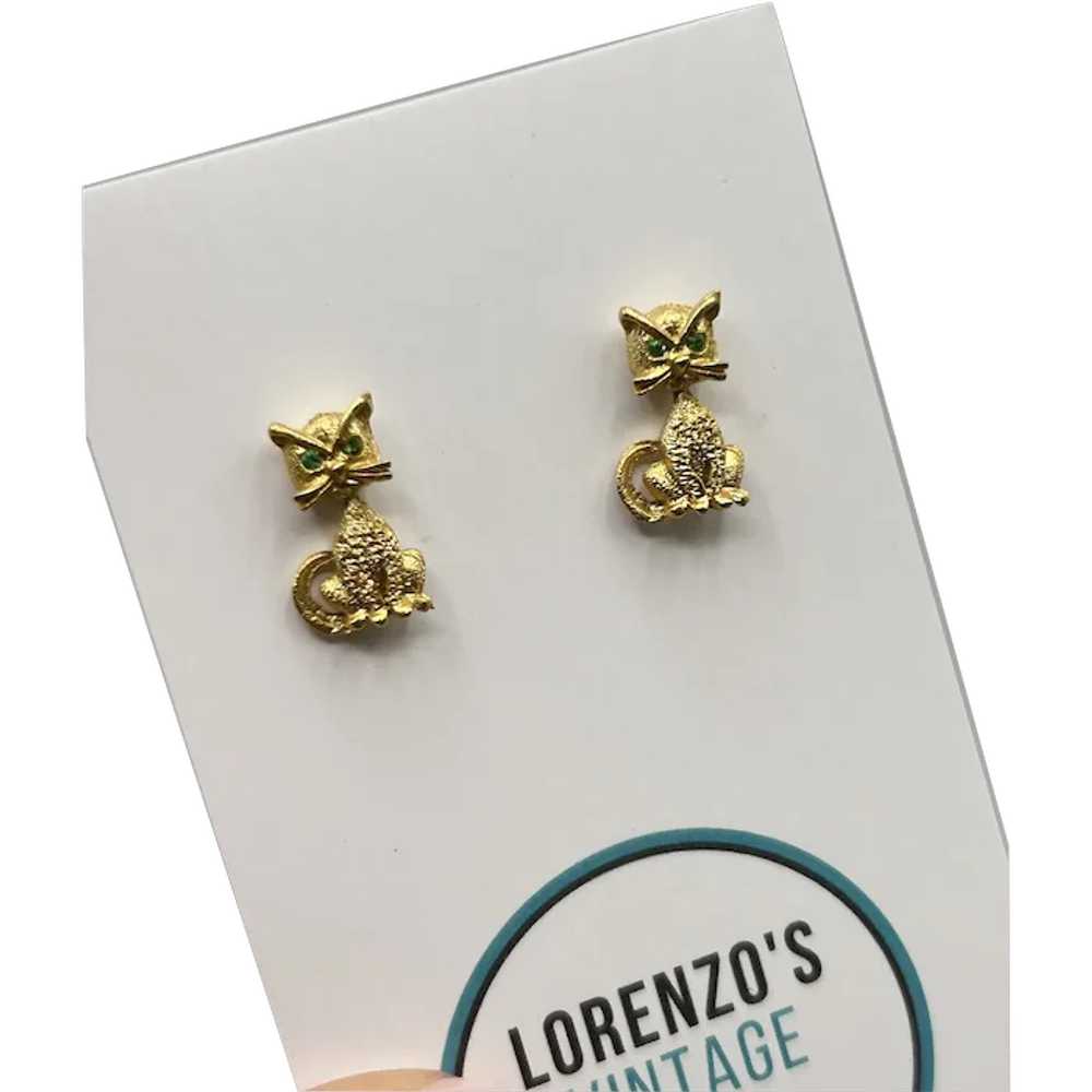 Vintage Gold Tone Cat Earrings Studs with Green E… - image 1