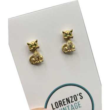 Vintage Gold Tone Cat Earrings Studs with Green E… - image 1