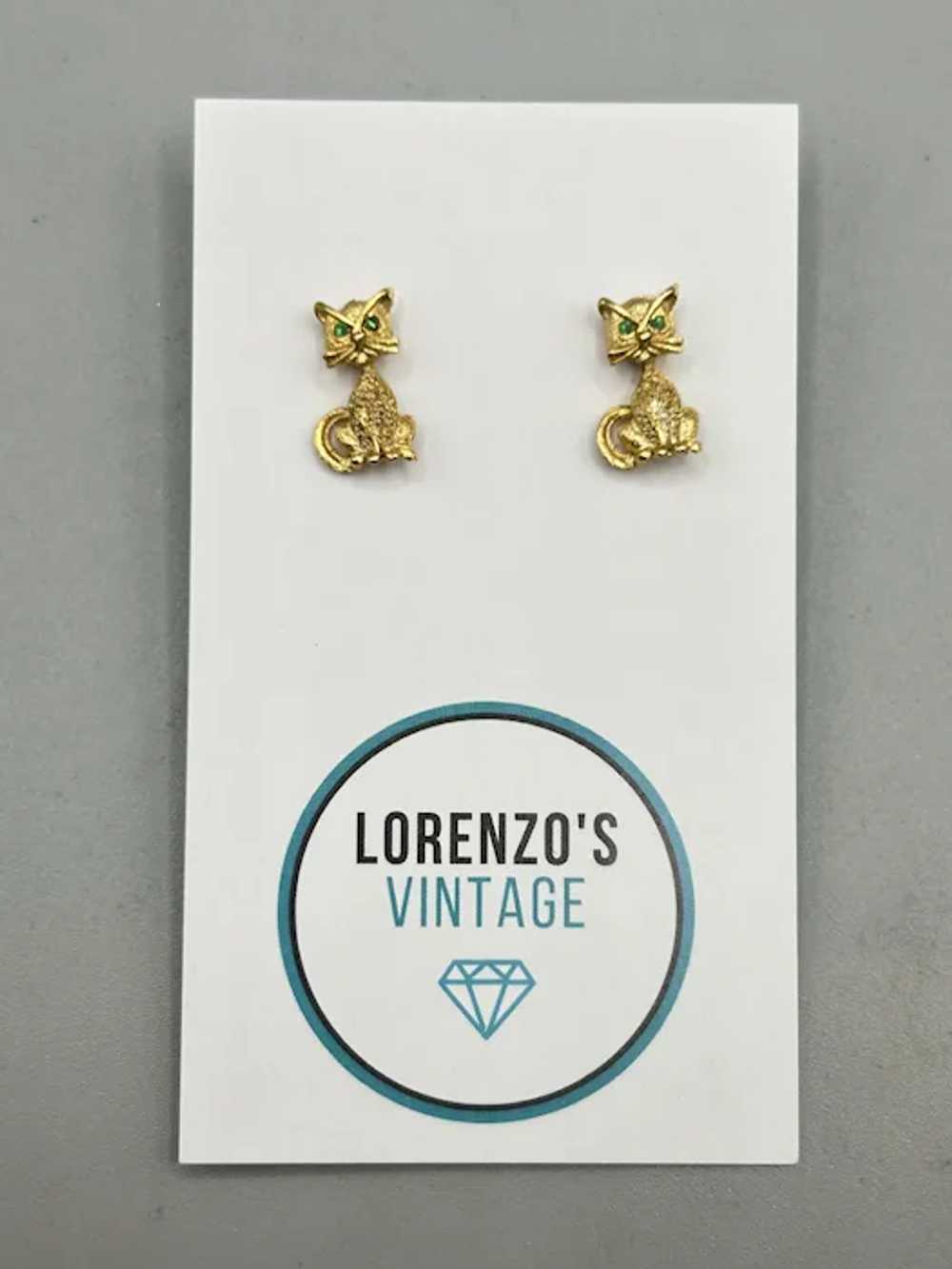 Vintage Gold Tone Cat Earrings Studs with Green E… - image 2