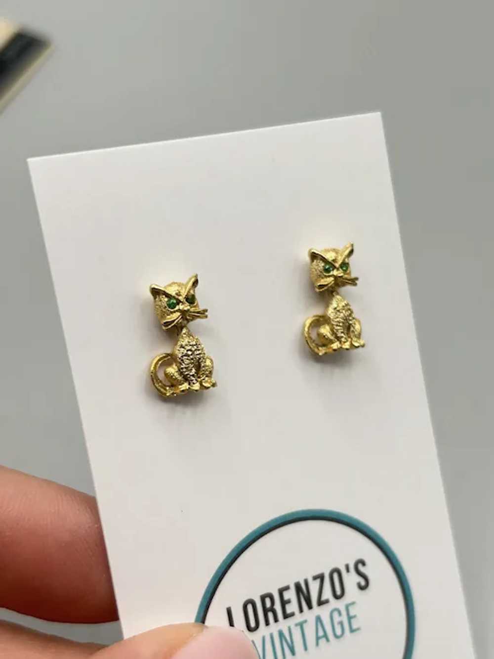 Vintage Gold Tone Cat Earrings Studs with Green E… - image 3