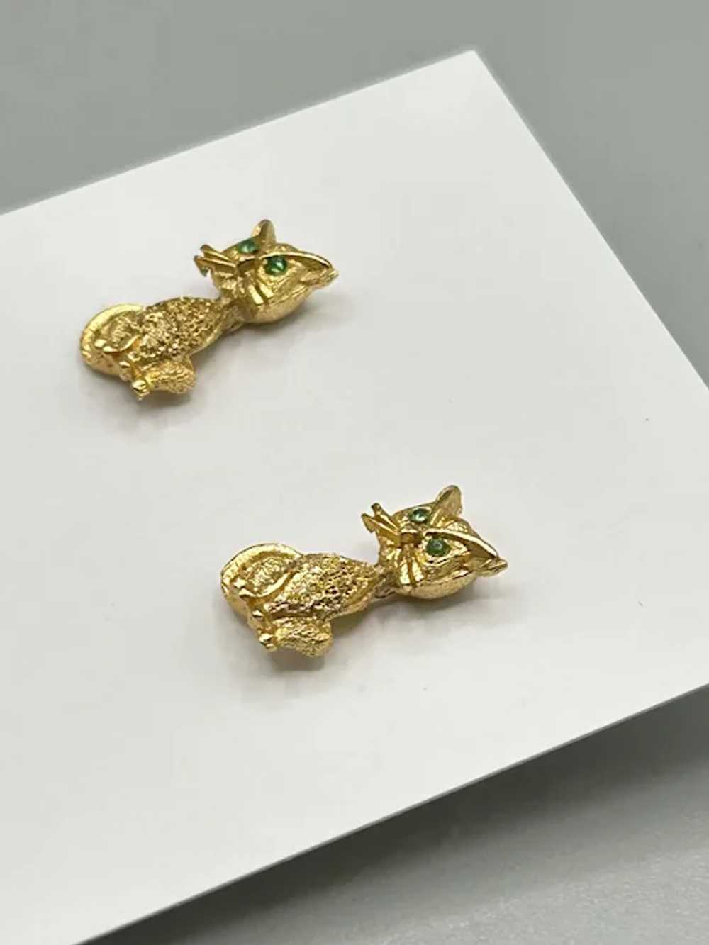 Vintage Gold Tone Cat Earrings Studs with Green E… - image 4