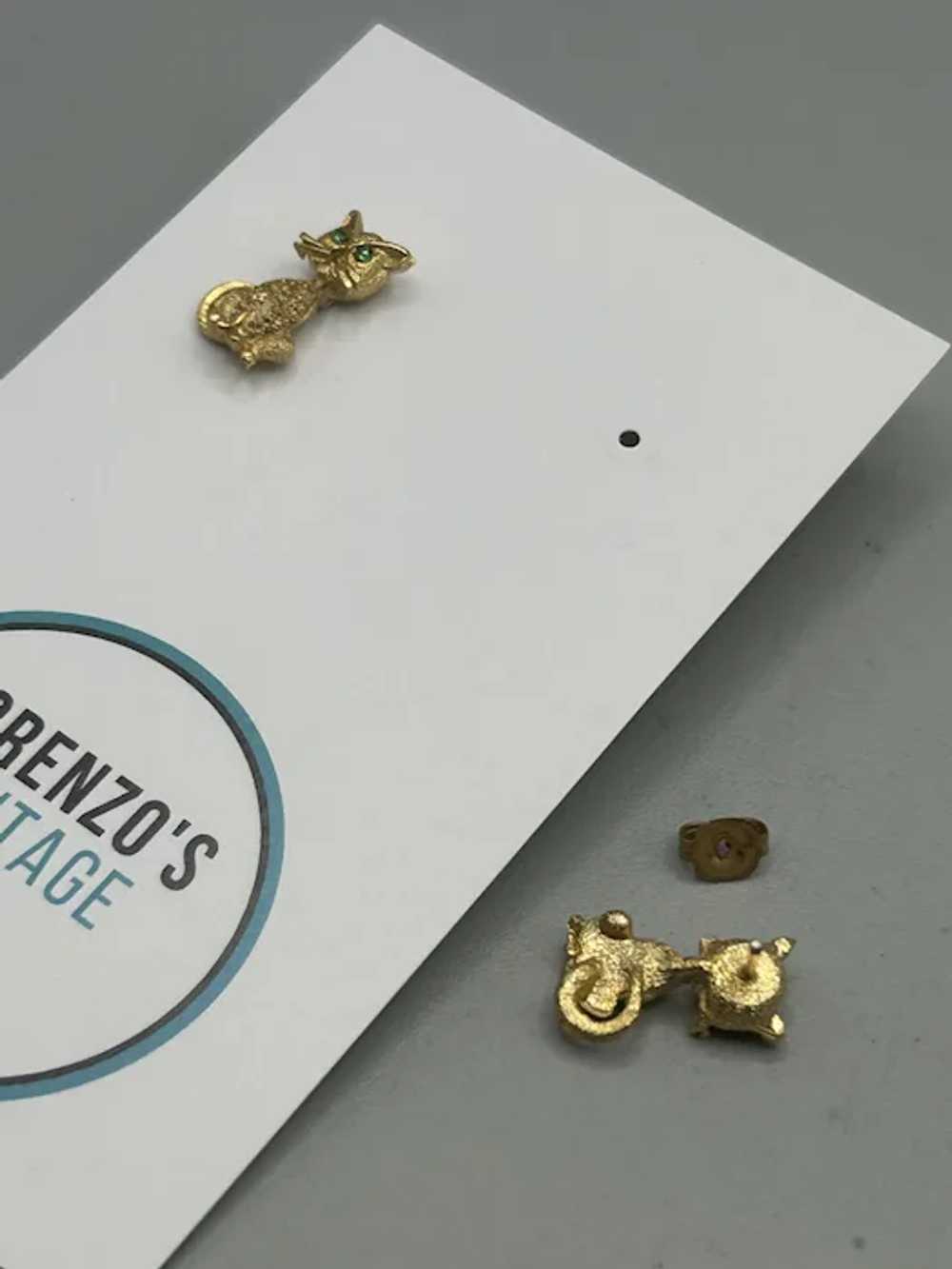 Vintage Gold Tone Cat Earrings Studs with Green E… - image 5