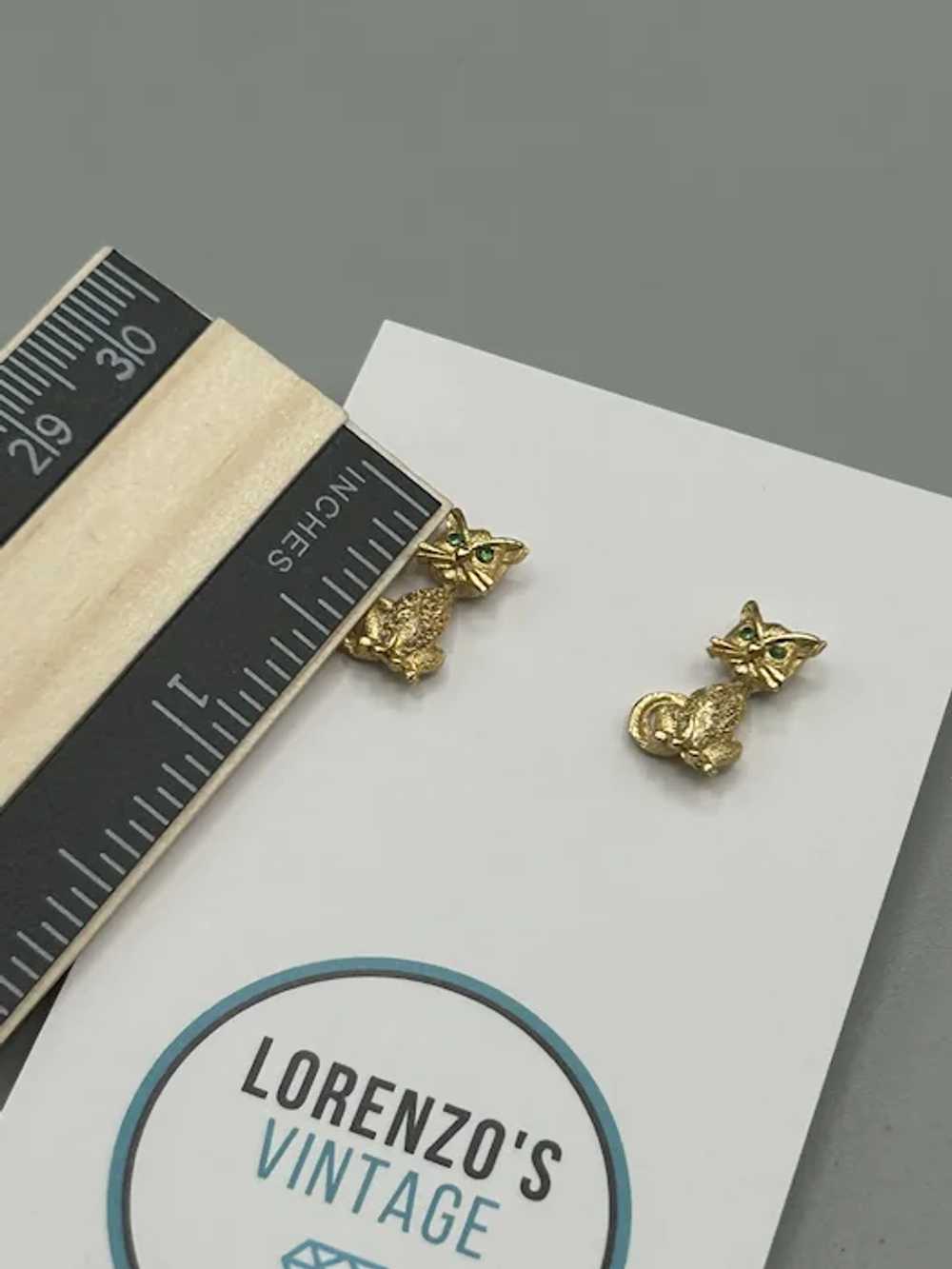 Vintage Gold Tone Cat Earrings Studs with Green E… - image 6