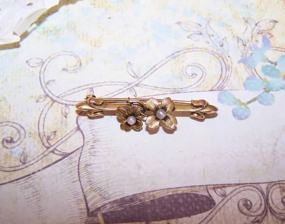 Antique Art Nouveau 10K Gold Natural Pearl Pin Br… - image 3