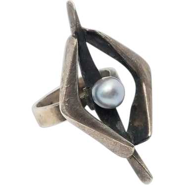 Designer mid century modern sterling silver pearl 