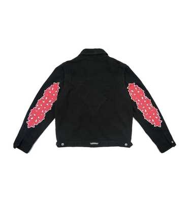 Leather fleur floral cross sleeve denim jacket