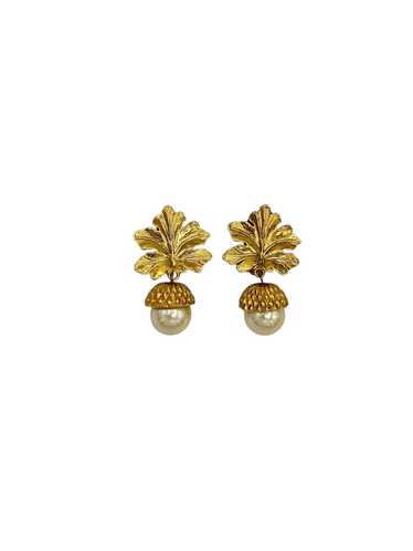 Carolee Gold Leaf & Pearl Bead Dangle Acorn Clip-O