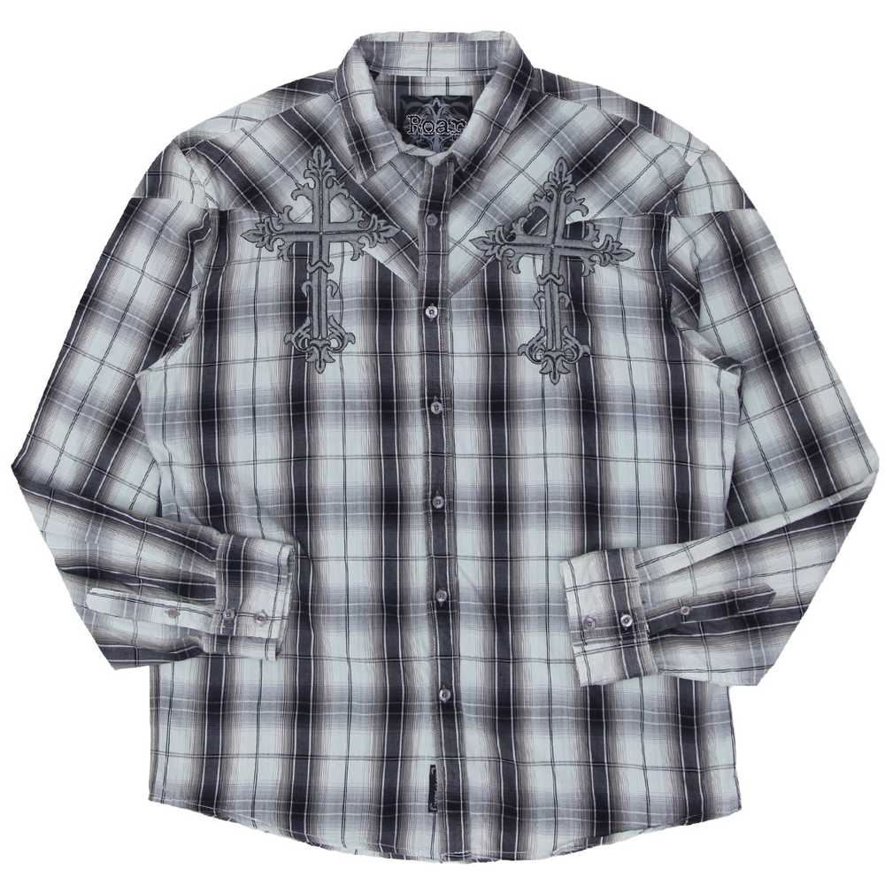 Mens Y2K Roar Plaid Cross Embroidered Long Sleeve… - image 1