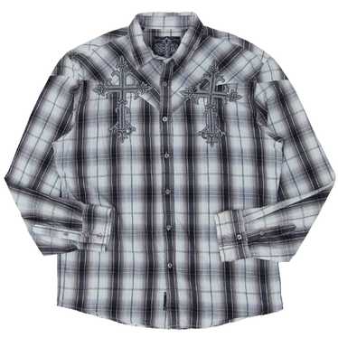 Mens Y2K Roar Plaid Cross Embroidered Long Sleeve… - image 1