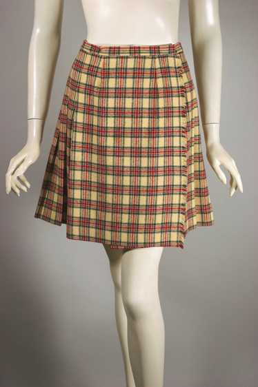 Camel red plaid wool kilt pleated miniskirt 1960s 