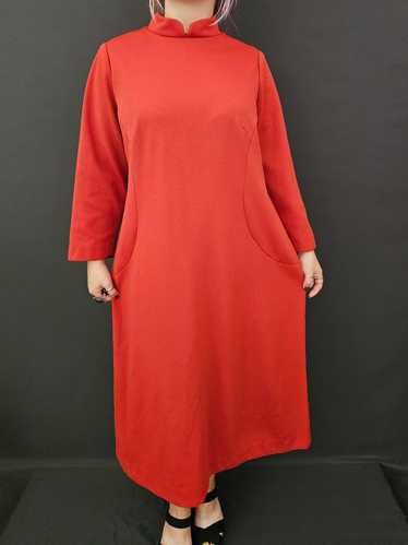 60s Brick Red Mandarin Collar Long Sleeve Dress