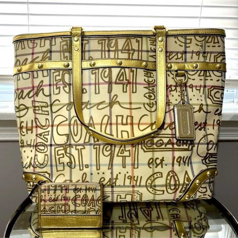 Authentic Coach Gold Tattersall Graffiti Tote plu… - image 1