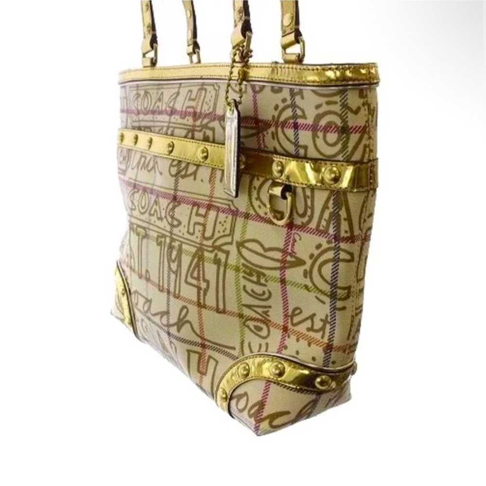 Authentic Coach Gold Tattersall Graffiti Tote plu… - image 4