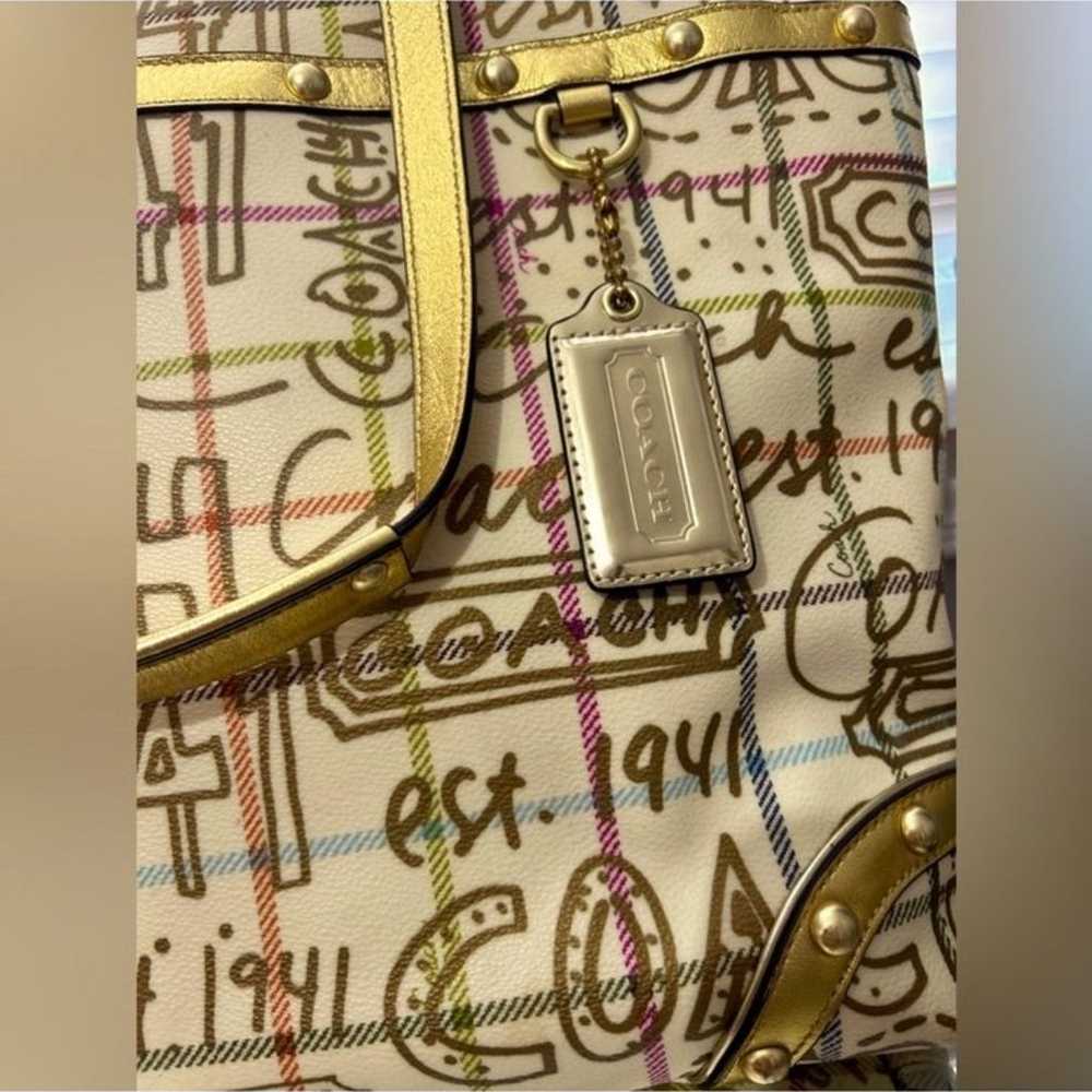 Authentic Coach Gold Tattersall Graffiti Tote plu… - image 6