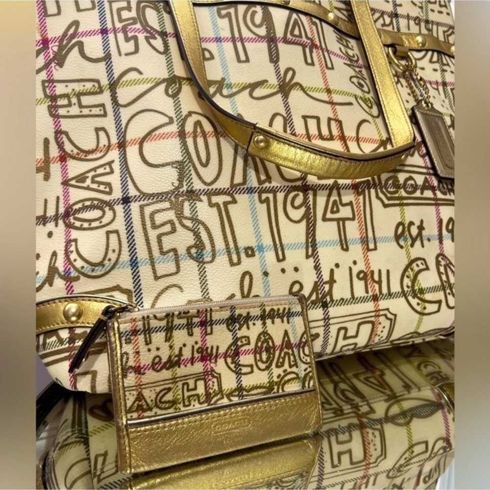 Authentic Coach Gold Tattersall Graffiti Tote plu… - image 7