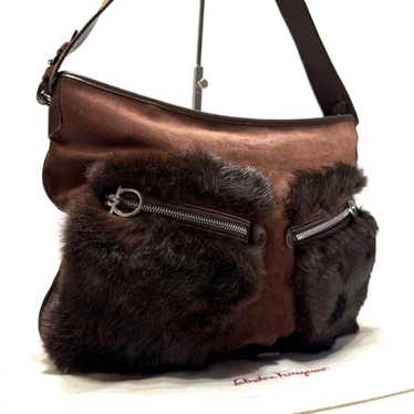 【Rare】Salvatore Ferragamo Shoulder Bag Fur Suede … - image 1