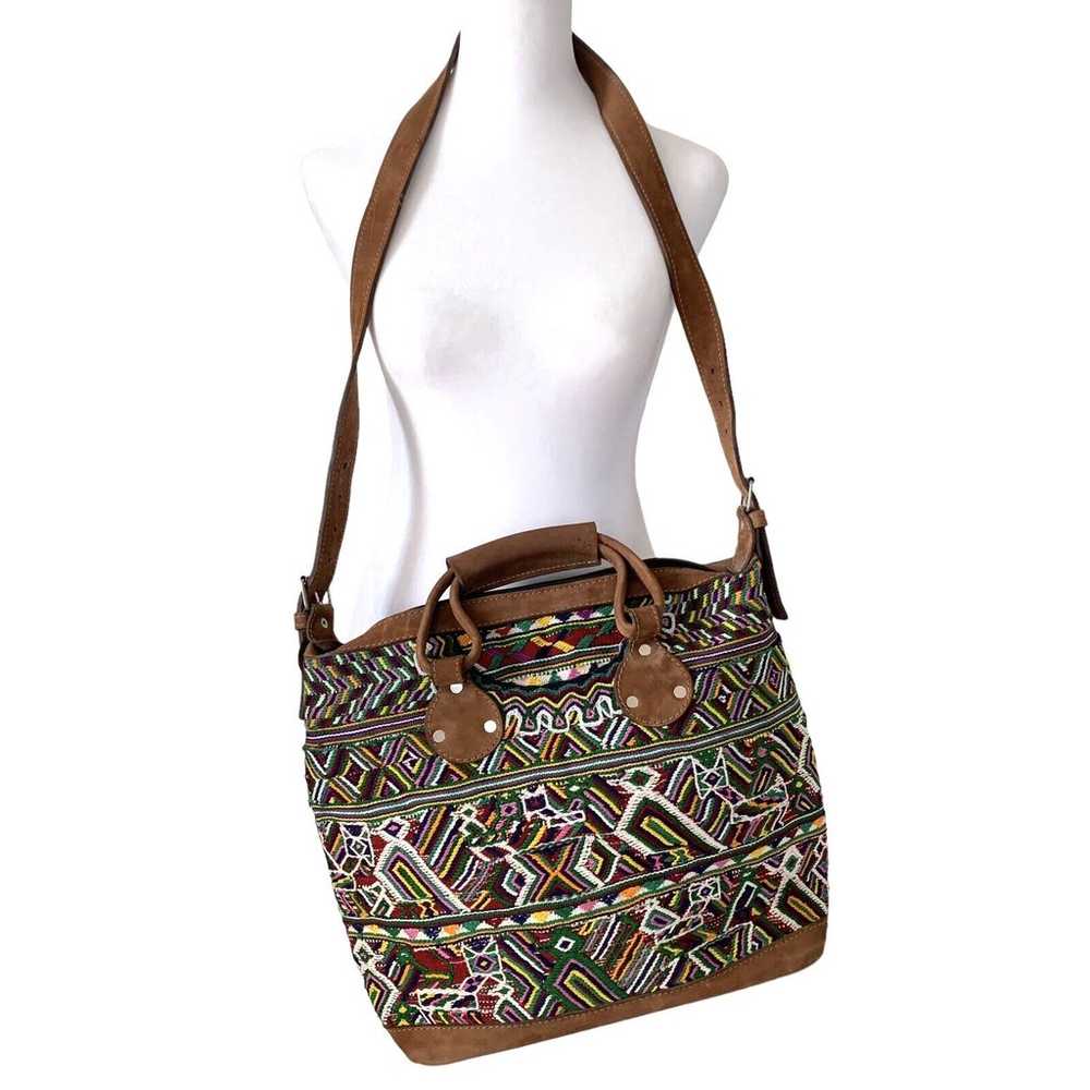 Vintage Huipil Embroidered Day Bag Leather Aztec … - image 12