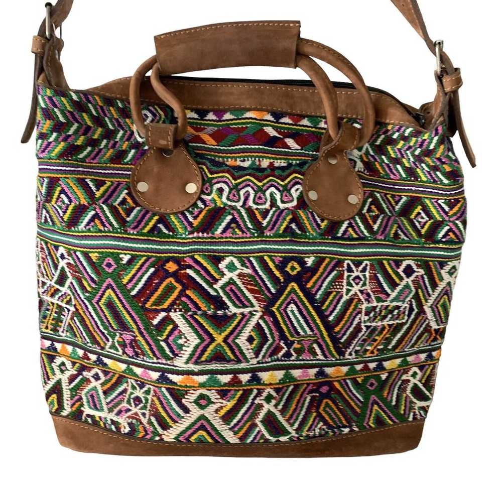 Vintage Huipil Embroidered Day Bag Leather Aztec … - image 5