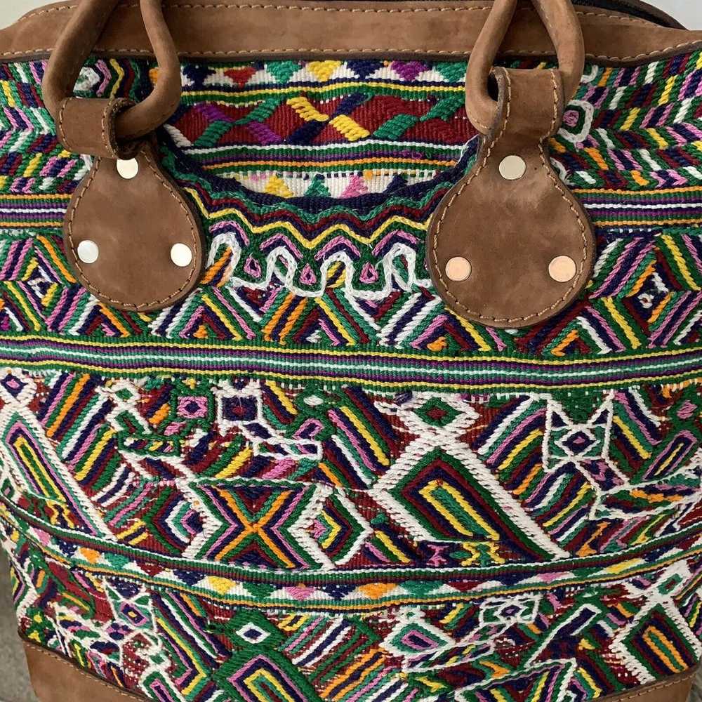 Vintage Huipil Embroidered Day Bag Leather Aztec … - image 9