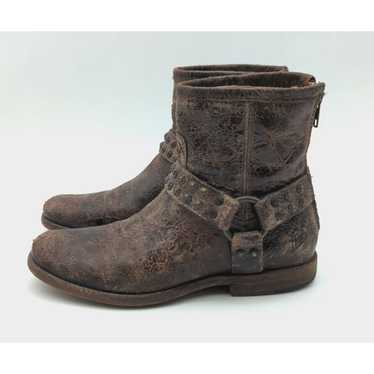 Frye Phillip Harness Distressed Brown Leather Zip… - image 1