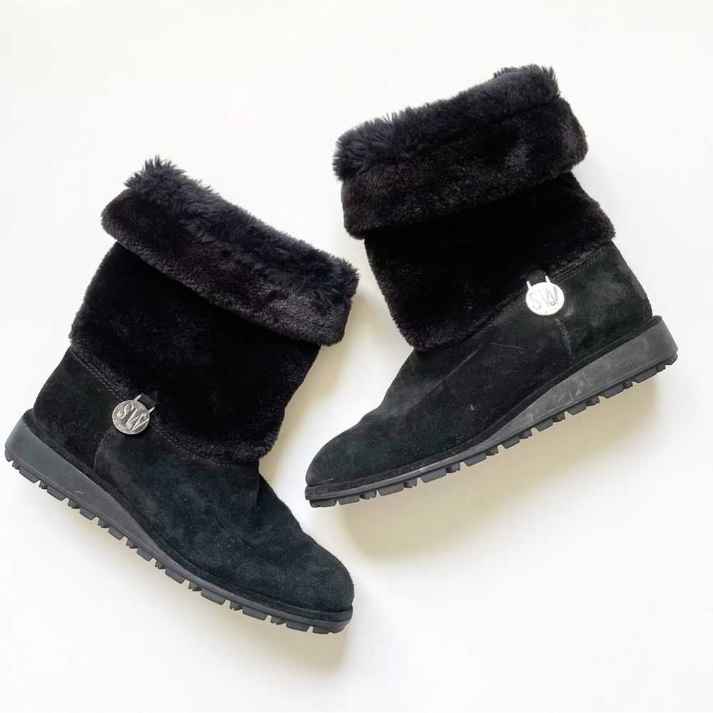 Stuart Weitzman Black Furever Faux Fur Suede Boots - image 2