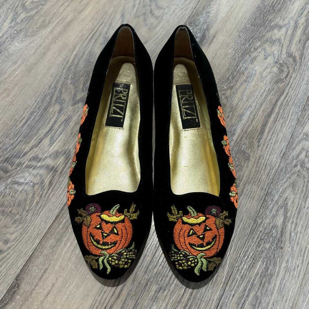 Vintage Black Velvet Halloween Fall Pumpkin Flats… - image 1