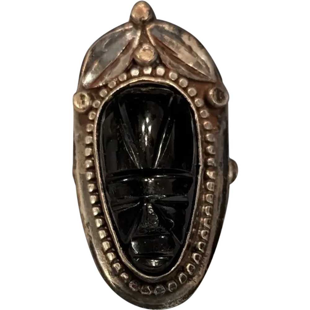 Mid Century Sterling Carved Onyx Deity Ring - image 1