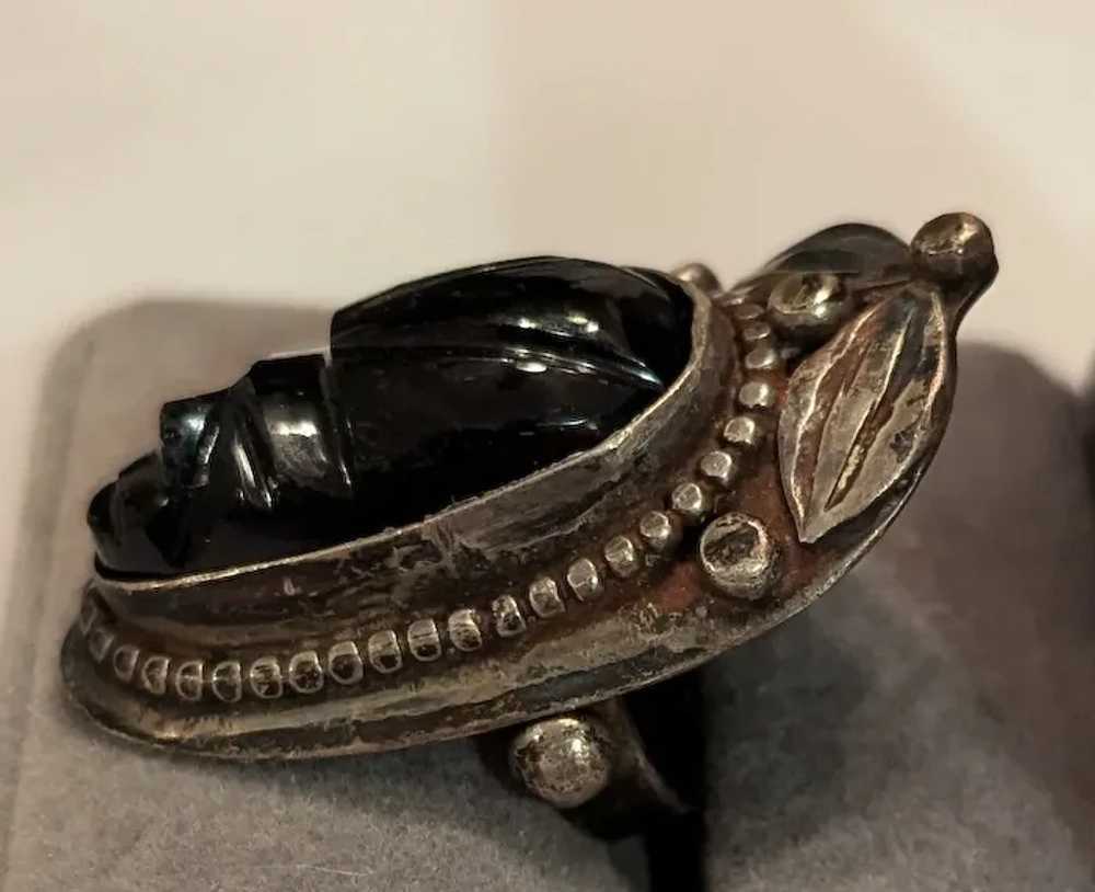 Mid Century Sterling Carved Onyx Deity Ring - image 3