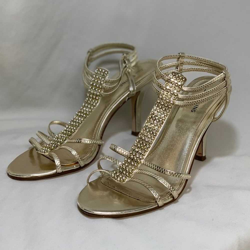 Gold Strappy Sandals Heels Women's 10 Rhinestones… - image 1