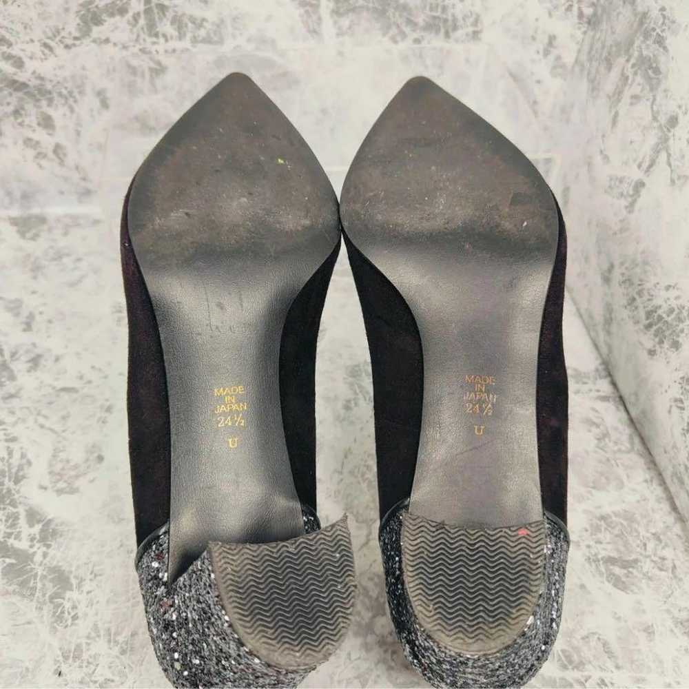 DIANA (24.5) Suede Glitter Pumps Black V-Cut - image 6