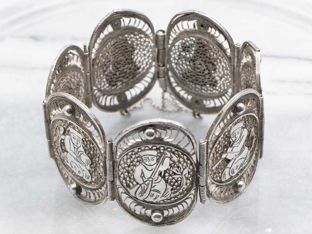 800 Silver Filigree Panel Bracelet Depicting Knee… - image 2