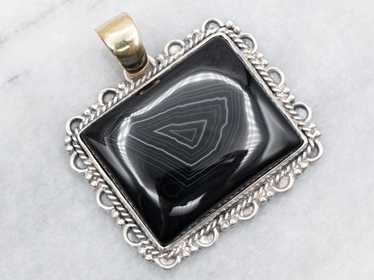 Mixed Metal Rectangular Banded Onyx Pendant with … - image 1