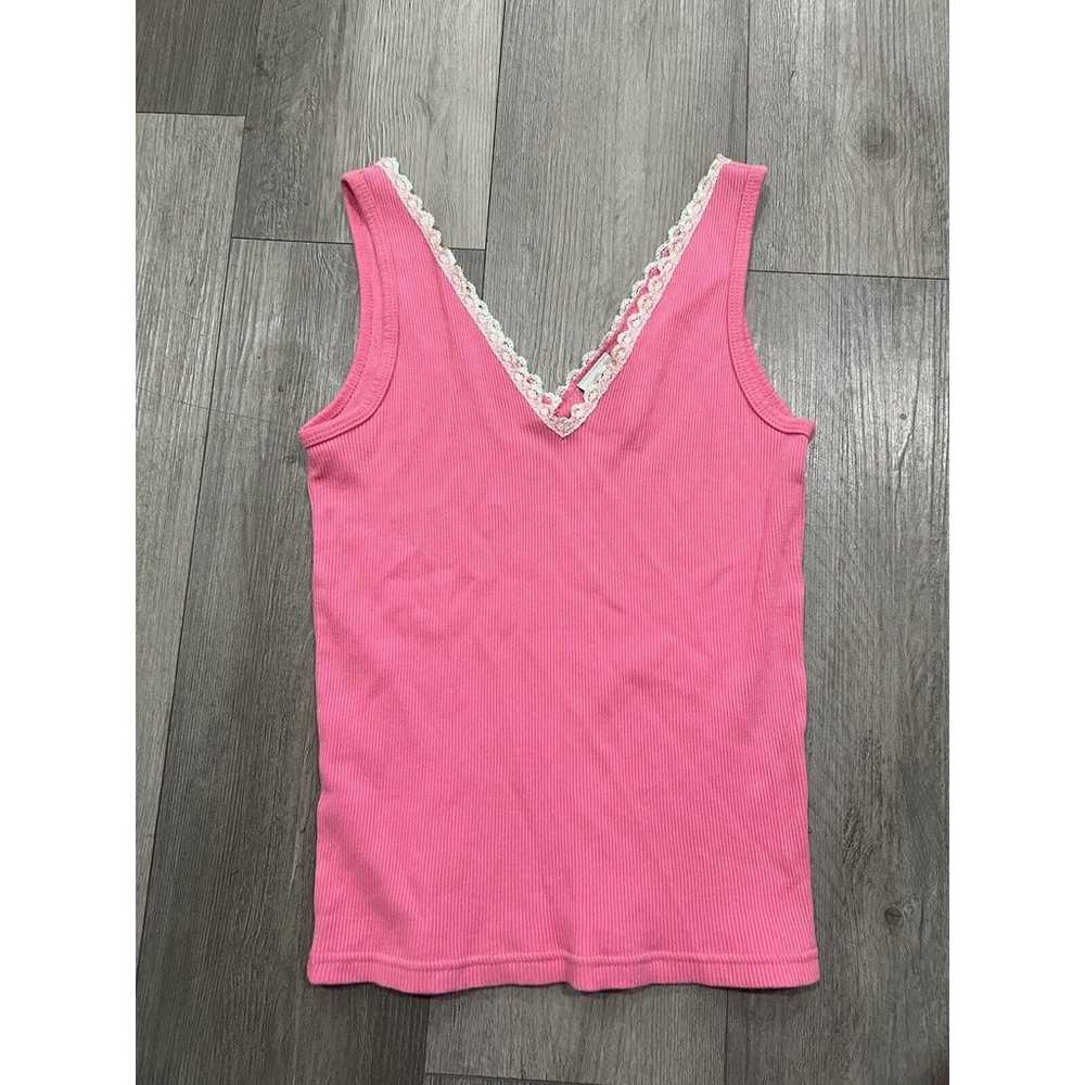 Vintage Y2K Sequin Lace Trim Ribbed Tank Top Pink… - image 1