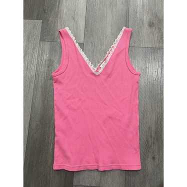 Vintage Y2K Sequin Lace Trim Ribbed Tank Top Pink… - image 1