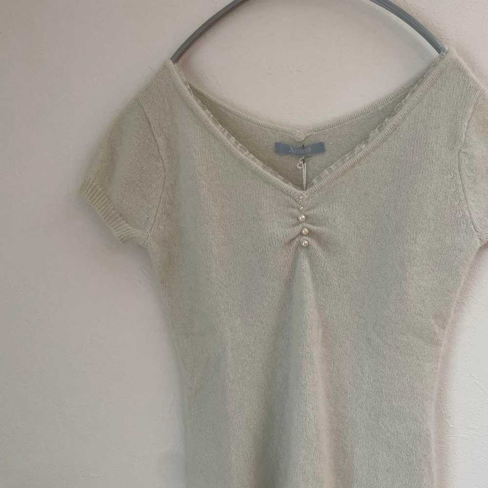 Xmiss Short-Sleeved Pearl V-Neck Knit Angora Date… - image 3