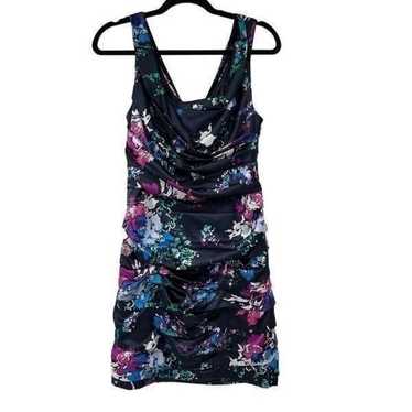 Express Navy Blue Floral Ruched V Neck Sleeveless 