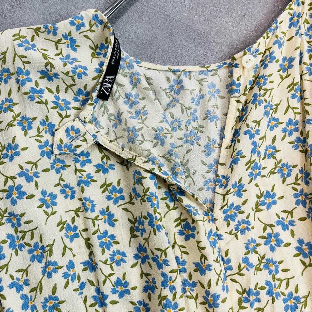 Zara blue floral print gathered puff sleeve 5/4 s… - image 7