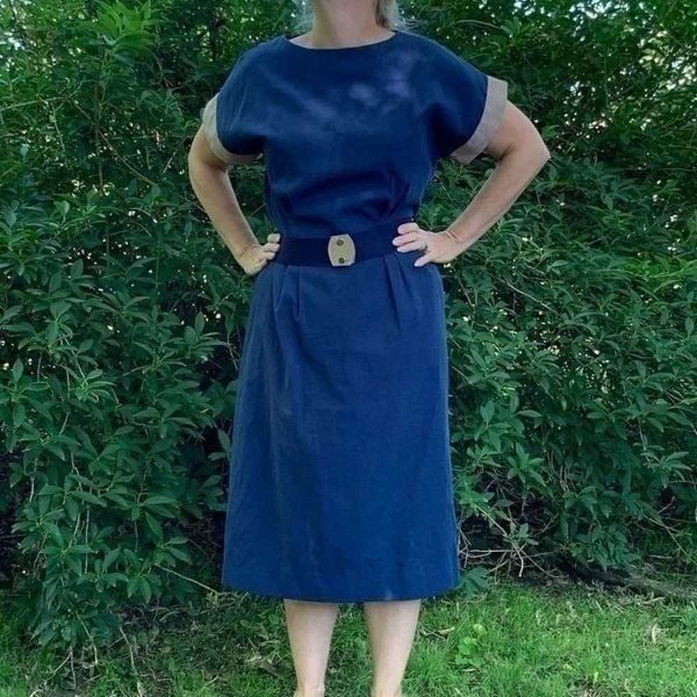 Vtg 70s Tanner navy blue & tan dress with belt - image 1