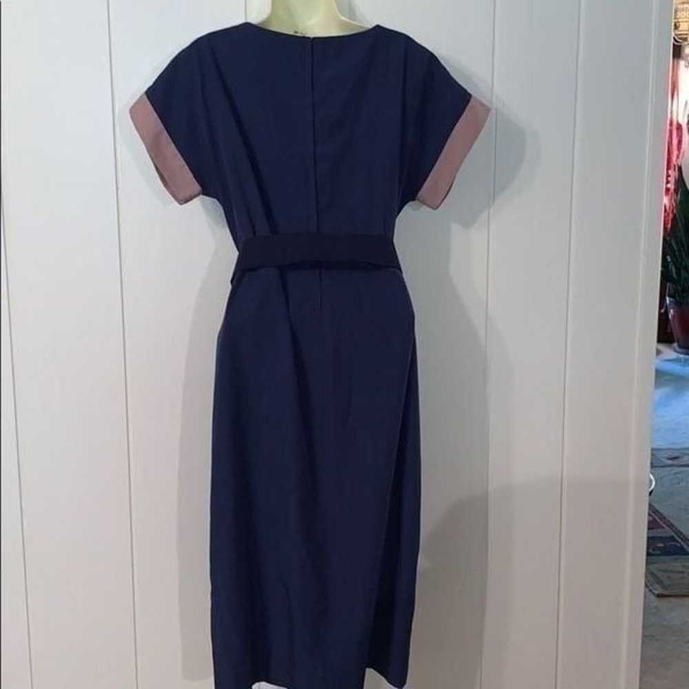 Vtg 70s Tanner navy blue & tan dress with belt - image 5