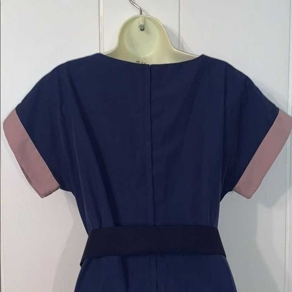 Vtg 70s Tanner navy blue & tan dress with belt - image 6